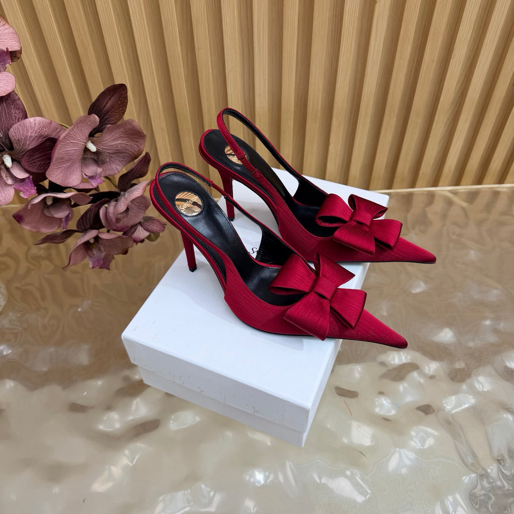 Burgundy bow-detail pointed-toe slingback heels