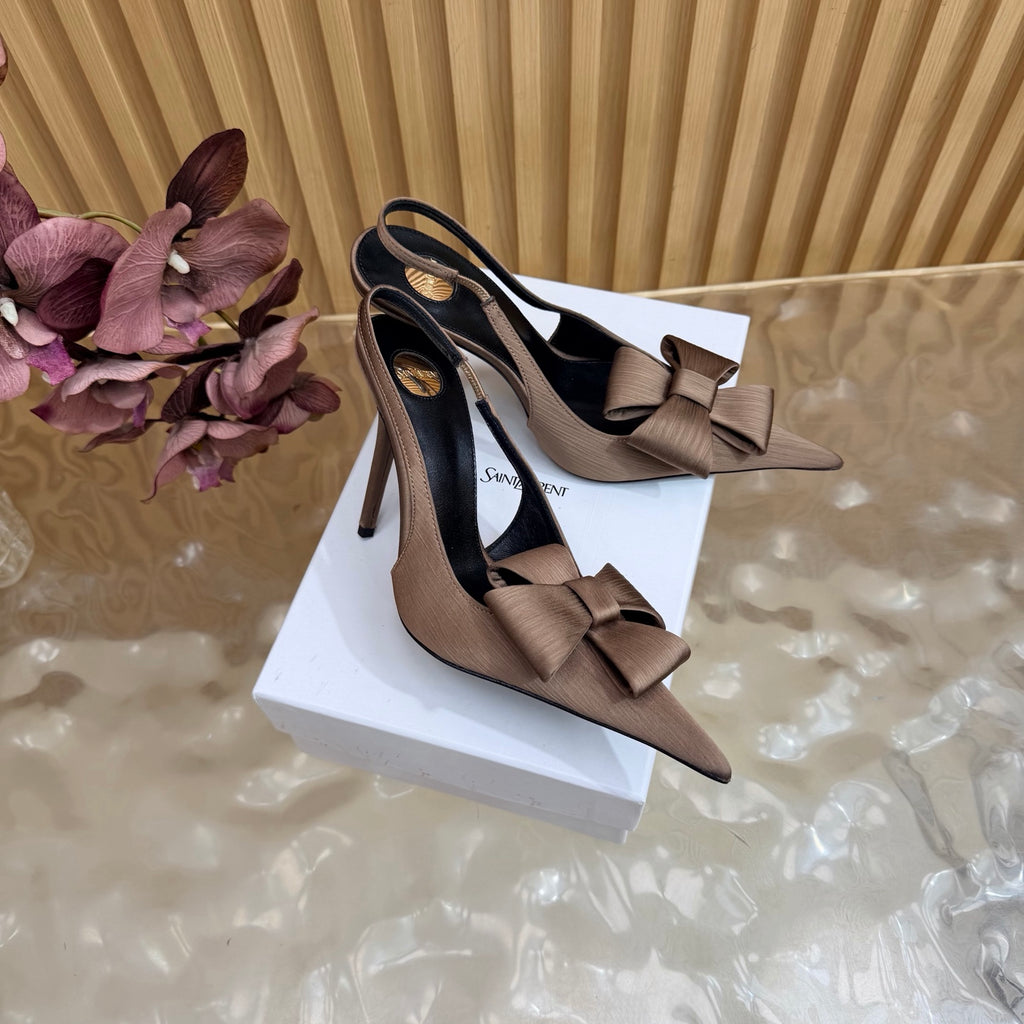 Taupe bow-detail pointed-toe slingback heels