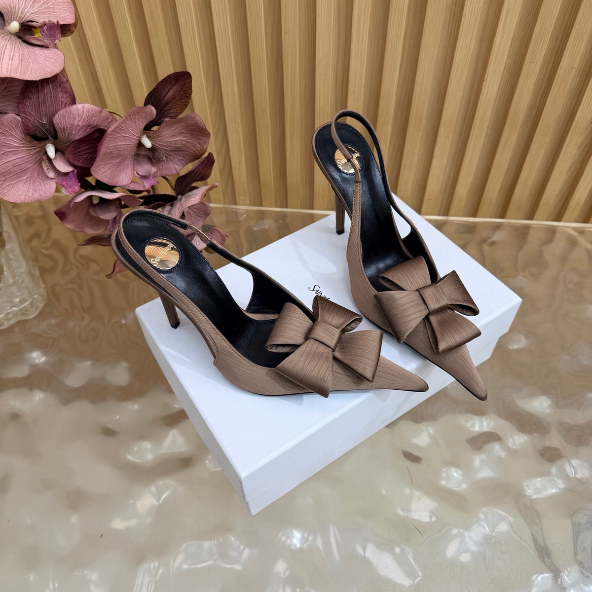 Taupe bow-detail pointed-toe slingback heels