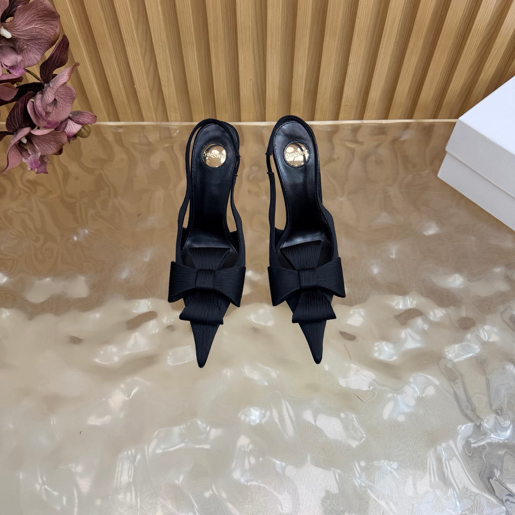 Black bow-detail pointed-toe slingback heels