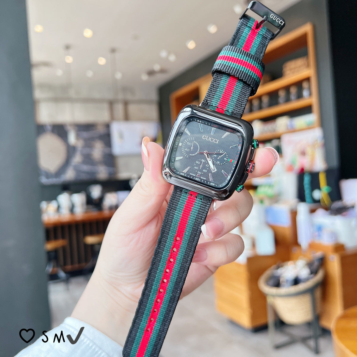 Square Dial Striped Strap Quartz Watch