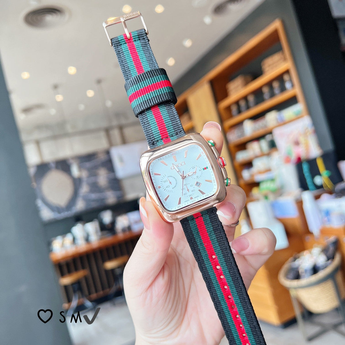 Square Dial Striped Strap Quartz Watch