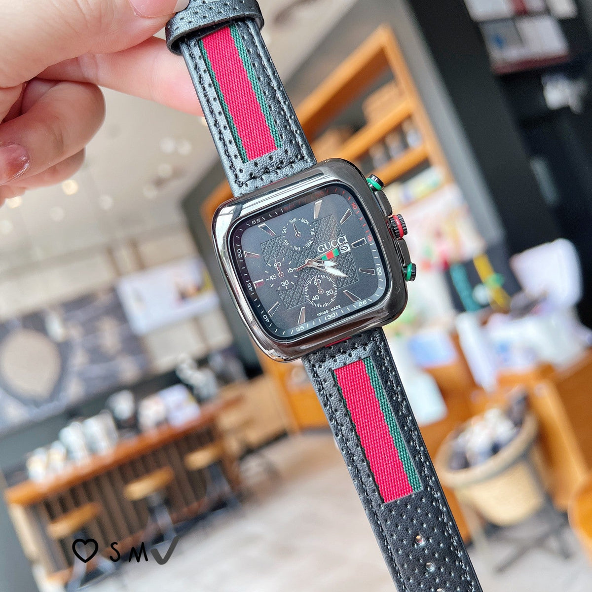 Square Dial Striped Strap Quartz Watch