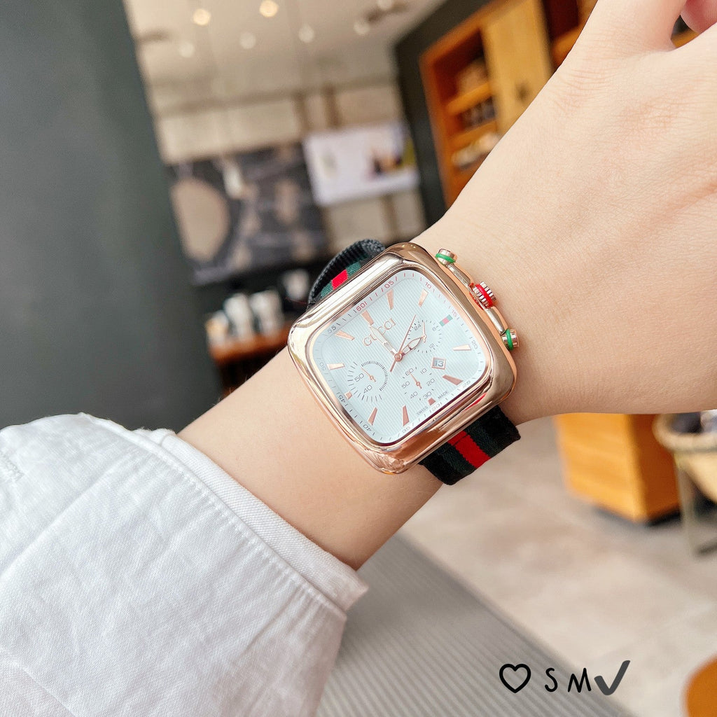 Square Dial Striped Strap Quartz Watch