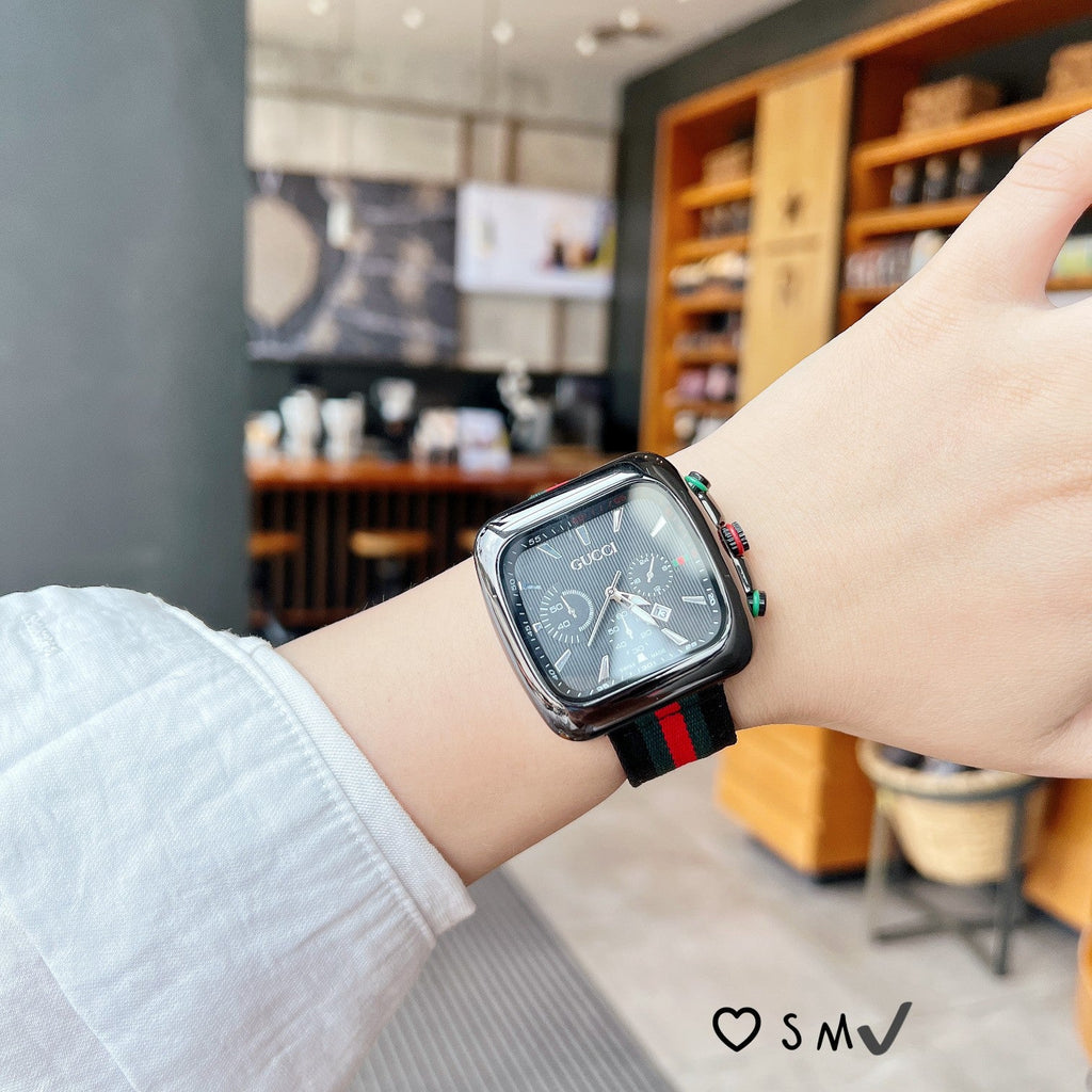 Square Dial Striped Strap Quartz Watch