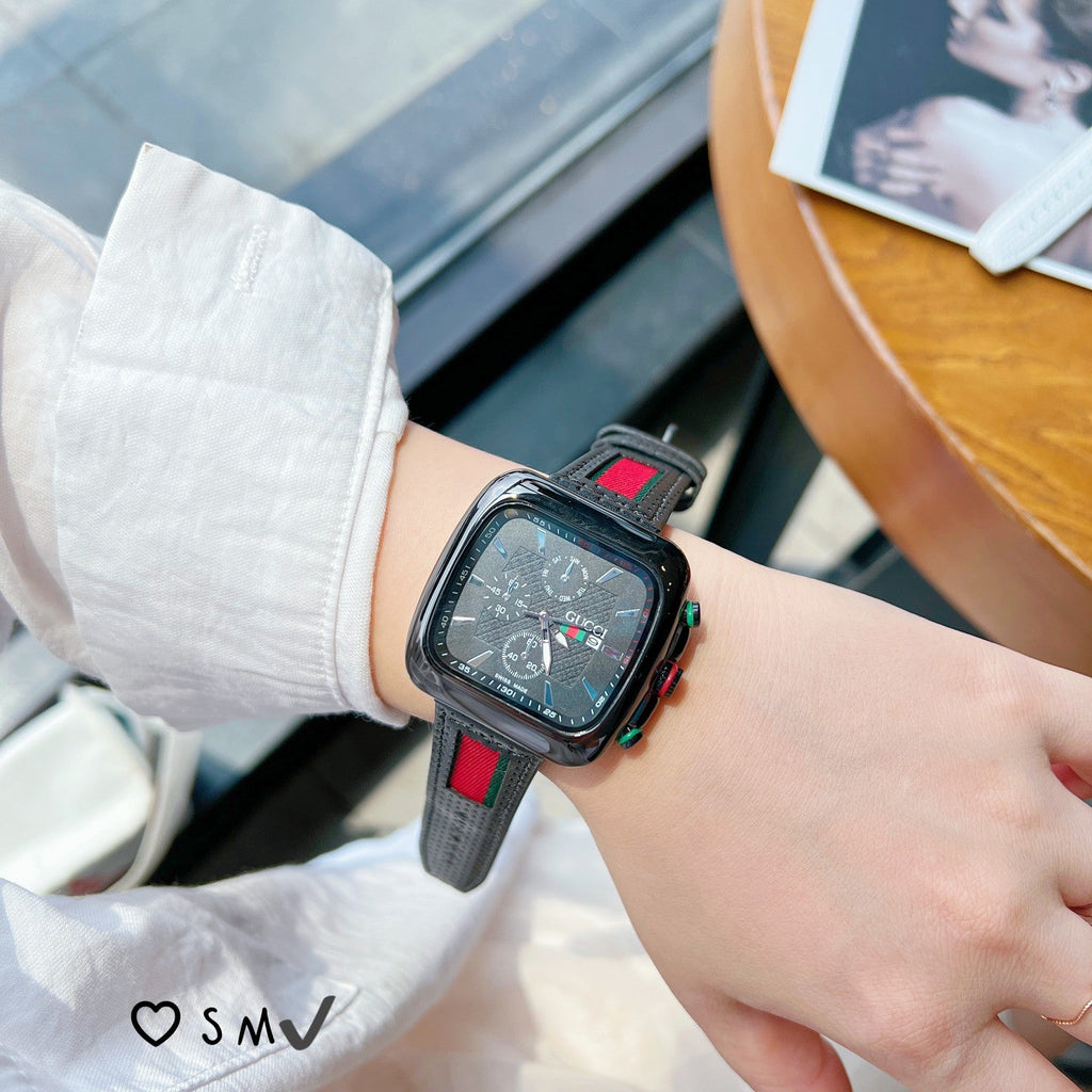 Square Dial Striped Strap Quartz Watch