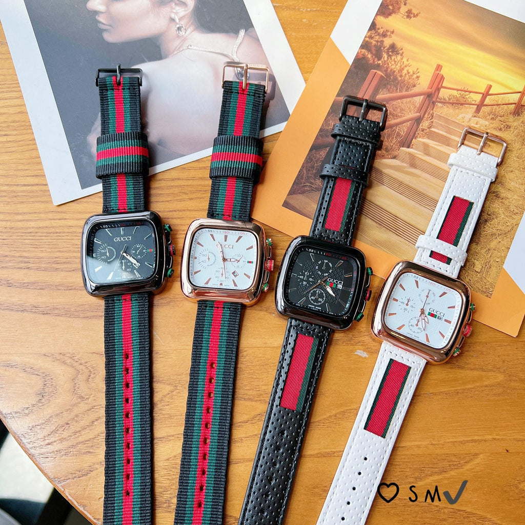 Square Dial Striped Strap Quartz Watch