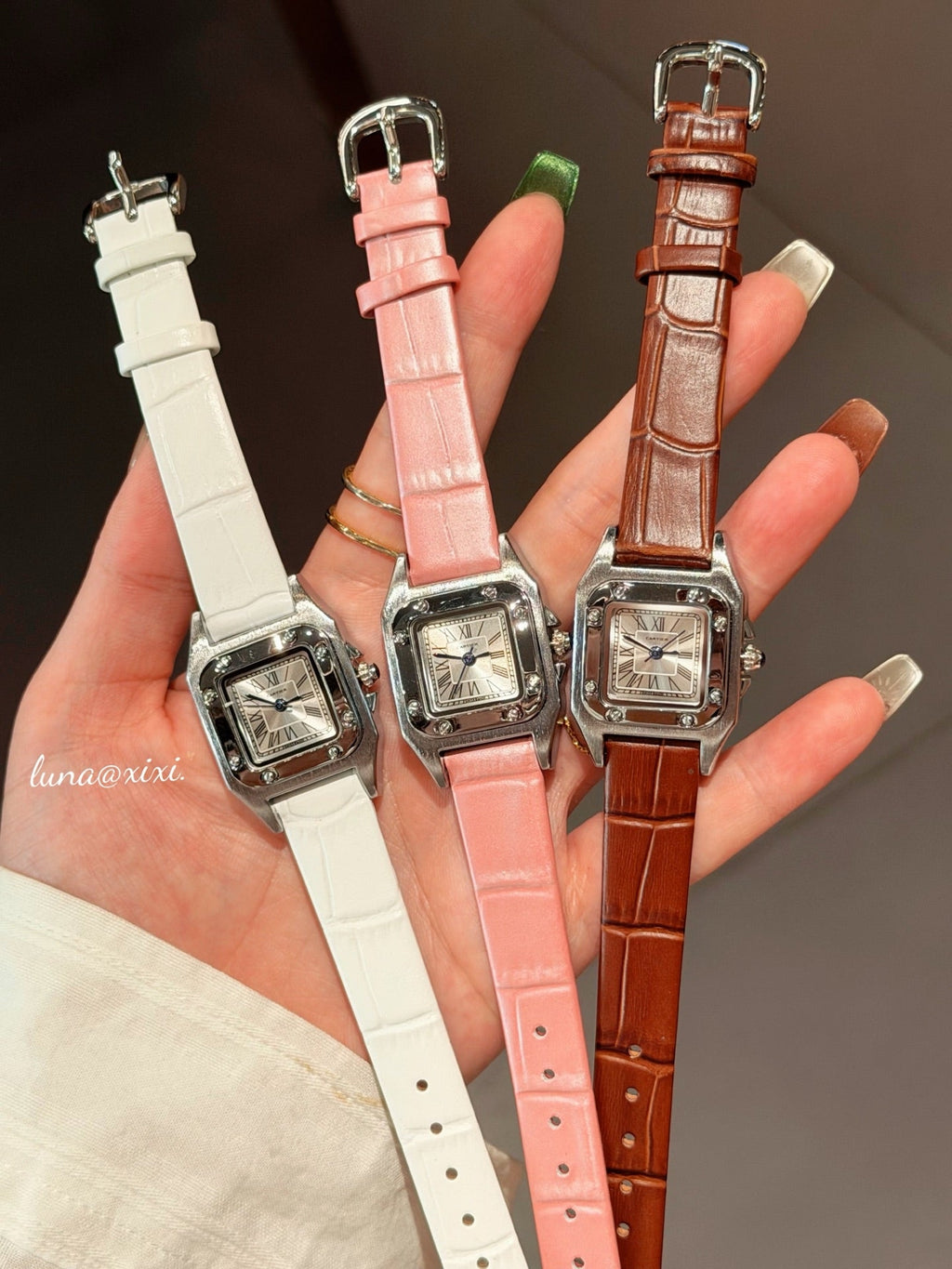 Rectangular Dial Leather-Look Strap Quartz Watch