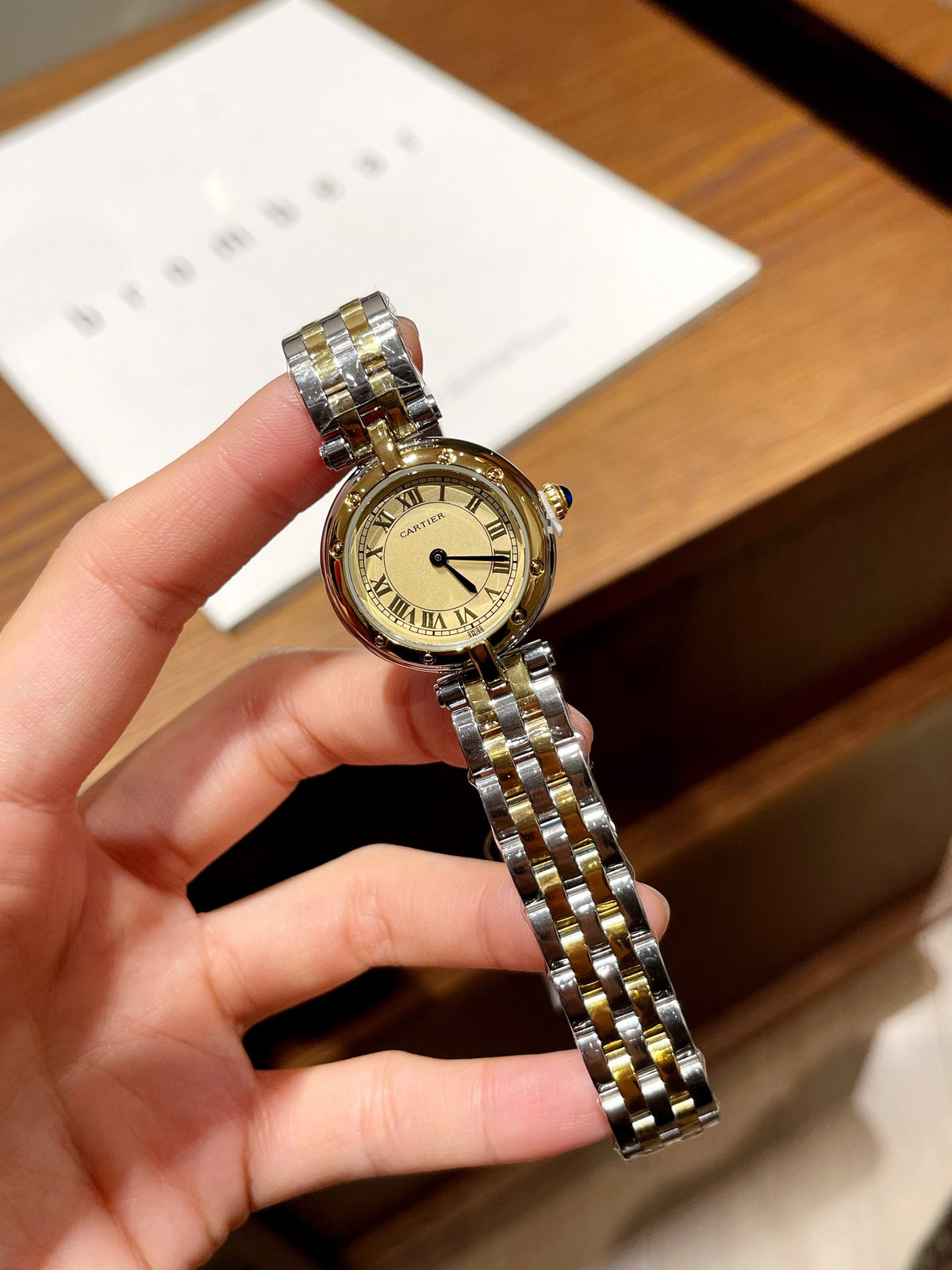 Round Dial Two-Tone Link Bracelet Quartz Watch