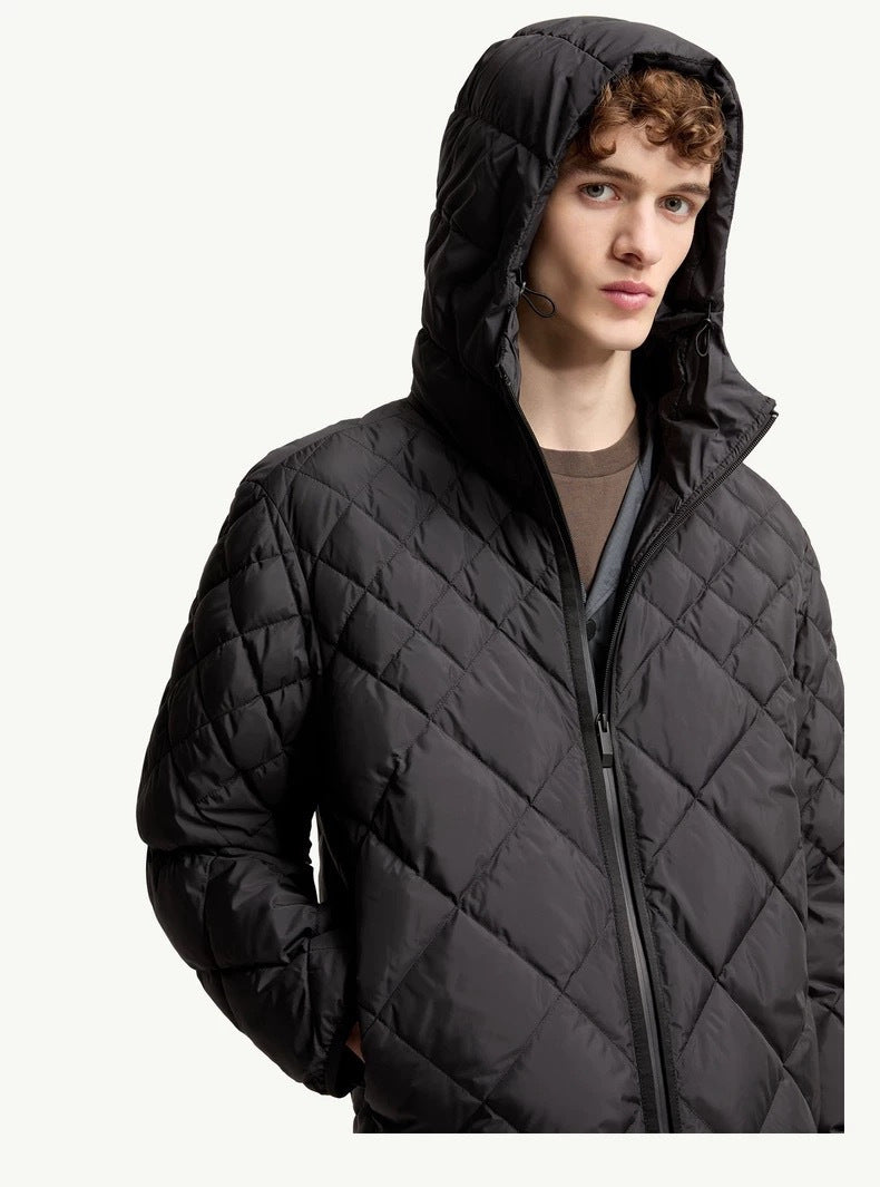 Lightweight Hooded Down Jacket with Quilted Panels